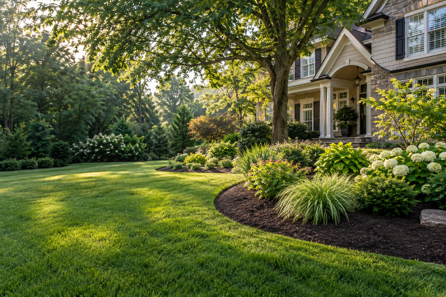 Landscape inspiration: layered garden beds and a green lawn surrounding a North Carolina home